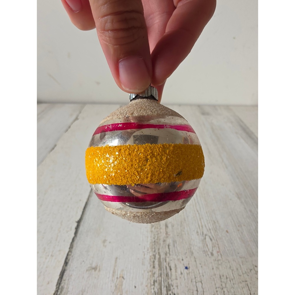 Vintage shiny Brite ornament Mica yellow striped Xmas tree red